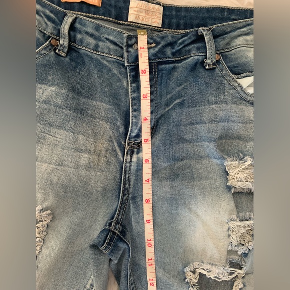 ELITE JEANS 13/14 Mid Rise Blue Denim Distressed Ankle Jeans - Picture 9 of 13